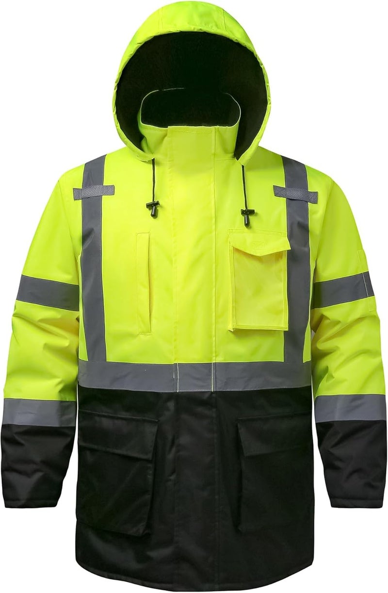 DPSAFETY Reflective Jacket, High Visibility Parka, Waterproof Hi Vis, Safety Jacket with Removable Hood and Zipper, ANSI Class 3 (Lime,3XL) - Image 1